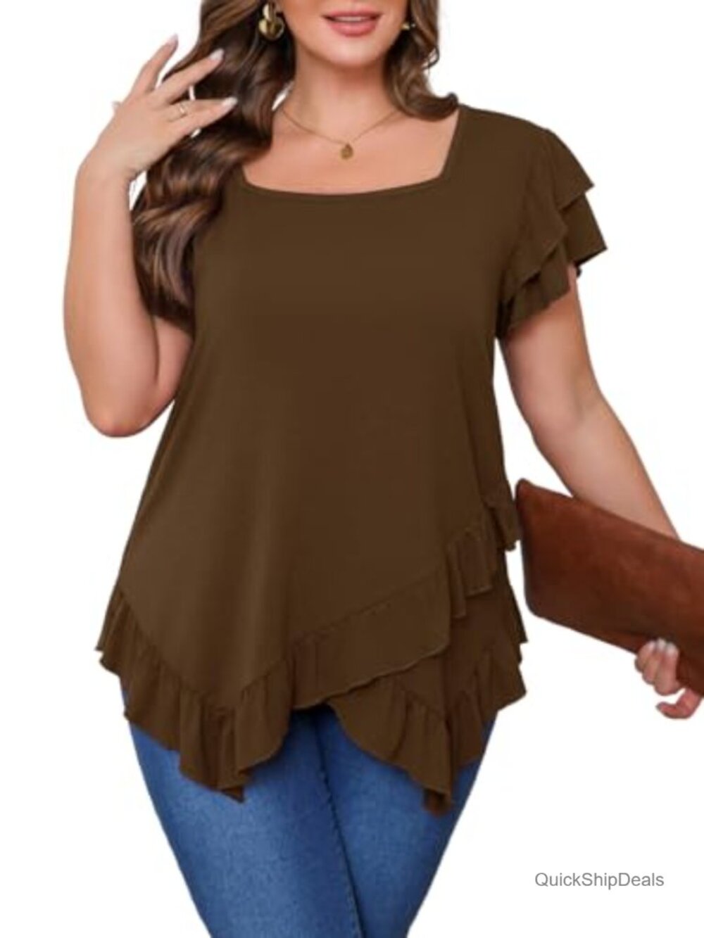 Plus Size Square Neck Ruffled Tunic Blouse Ruffle Short Sleeve Top